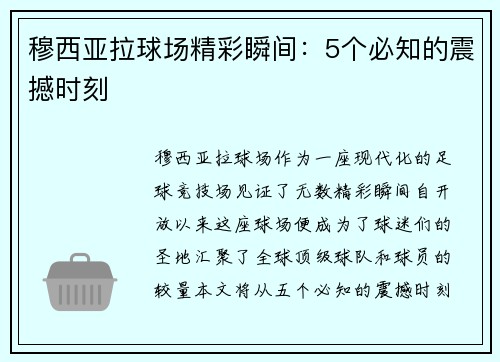 穆西亚拉球场精彩瞬间：5个必知的震撼时刻