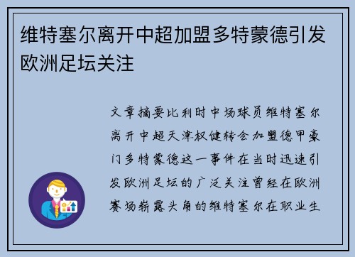 维特塞尔离开中超加盟多特蒙德引发欧洲足坛关注
